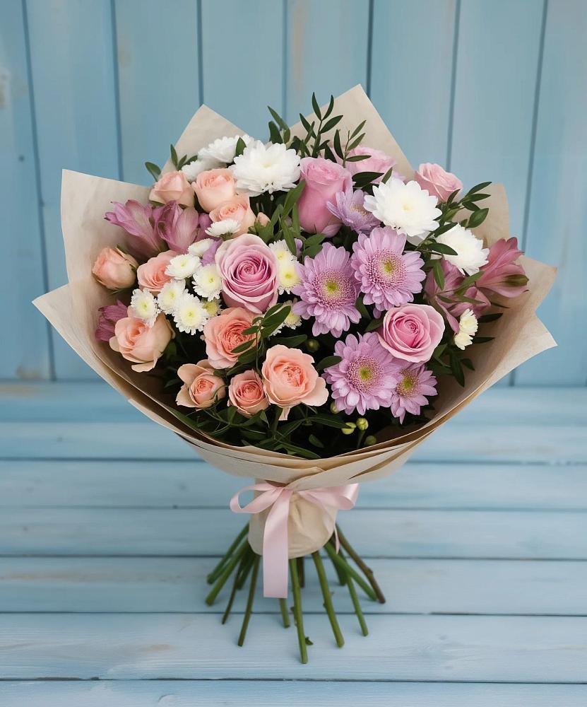 Букет цветов из: Хризантемы, Розы и Альстромерии в Железнодорожном Калининградской области