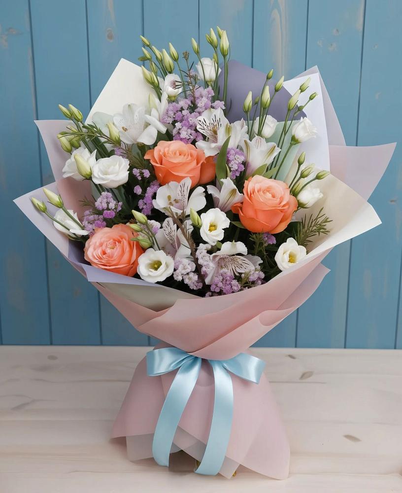 Букет цветов из: Лизиантусы, Розы, Альстромерии и Гипсофила в Железнодорожном Калининградской области