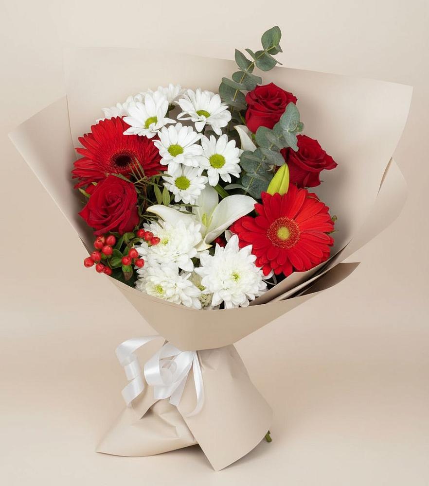 Букет цветов из: Розы, Хризантемы, Герберы и Лилии в Железнодорожном Калининградской области